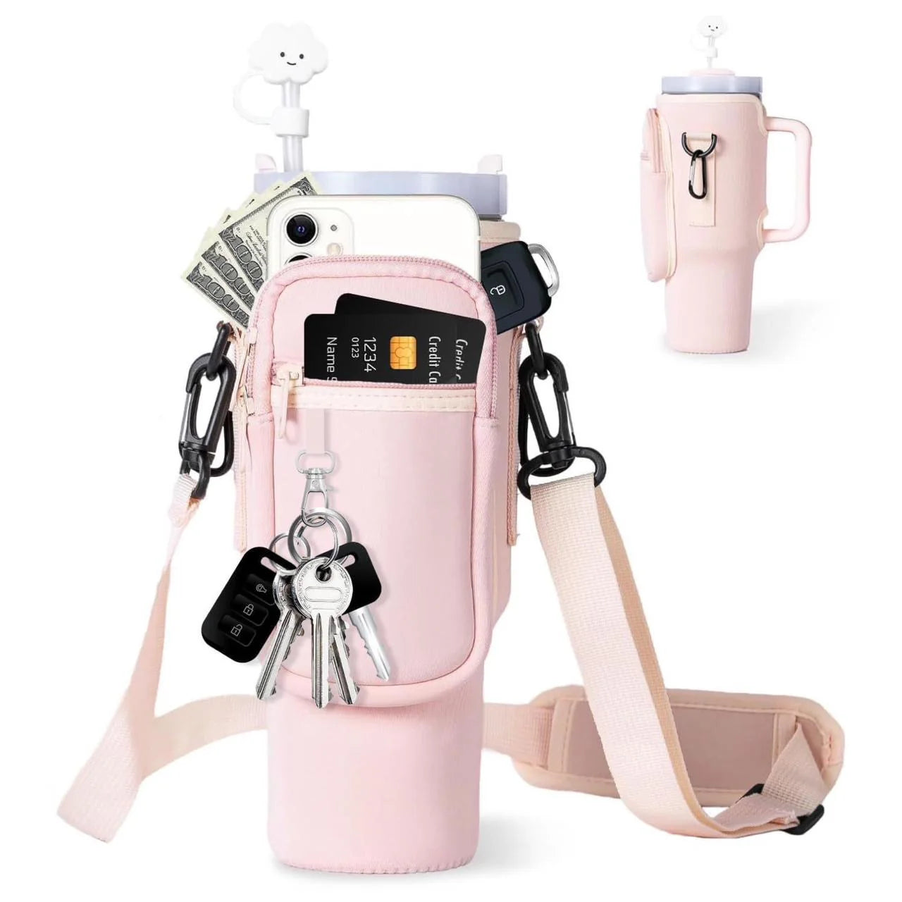 Water Bottle Carrier Bag (Stanley),Insulated Neoprene Tumbler Bag with Zipper & Pocket – Fits Most Tumblers & Bottles
